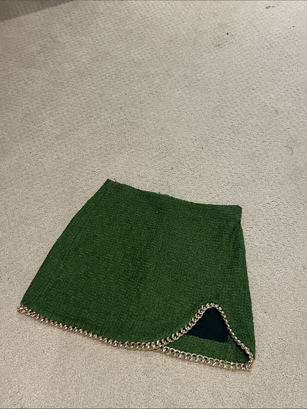 Zara Dark Green Tweed Mini Skirt with Gold Chain Hem